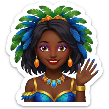 i need the same girl in "dark skin girl, dark red lipstick, nails very beautiful" to be smiling in "carnival mas costume, blue, green and orange preferably, full costume feathers at the back" she is to be smiling, hair should be dark shoulder length, black nail polish on her fingers  sticker