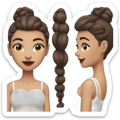 A girl with curved brown eyebrows, dark brown hair, bushy eyelashes, a high nose bridge, red lips, a white skirt with a swing neck, a fair complexion, and a smile sticker