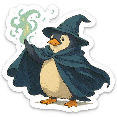 ghibli style penguin wizard with a flowing cloak and magical aura sticker