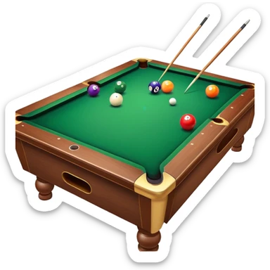 A close-up of a billiard table with a cue stick lined up to strike a colorful set of balls. The focus is on the precision of the shot, with the table’s green surface and the triangular arrangement of balls, creating a dynamic scene of strategy and concentration in the game of billiards. sticker
