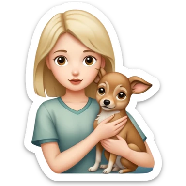 A girl holding a fawn dog sticker