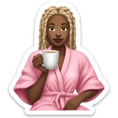 Beautiful black girl with blonde long braids being cozy in her pink robe watching a movie and drinking a tea. On her white couch and lots of pillows  sticker