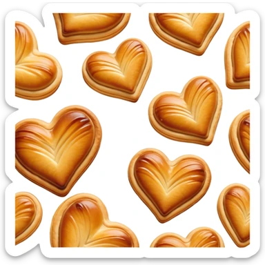 Cinematic crisp palmier, golden-brown heart-shaped pastries, perfectly caramelized layers, delicate and flaky, warm glowing background, inviting and delicious. sticker