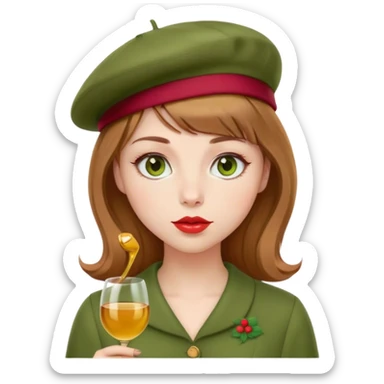 Pale girl with light brown hair and bangs, honey-colored eyes and wine-colored lips; wears a soft green dress with a red beret sticker