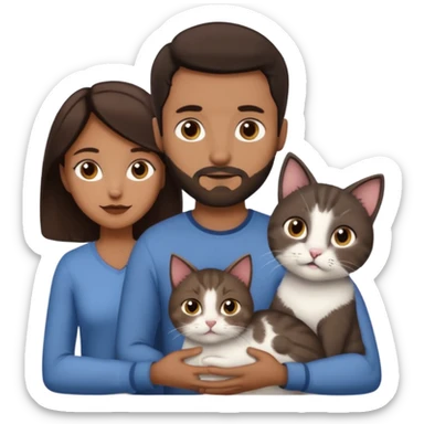 Make a couple and a cat emoji. The first person is a man with dark brown hair and a beard that’s not to long. The other person is a woman with even darker brown hair and is a little brown skinned but not much. The cat is 15weeks so little and grey and white with a little brown on her face and chest sticker