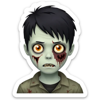 zombie boy with messy black hair, emo style, medium length, eerie and unsettling face sticker