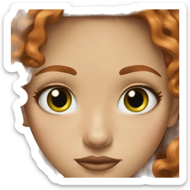 green eyes young woman central, small nose redhead long hair layers loose curls freckles brown lipstick sticker