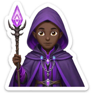 {
      "type": "human",
      "look": "dark elf wizard, black cloak, purple energy around staff",
      "description": "a dark elf wizard in a black cloak channeling purple energy around their staff"
    } sticker