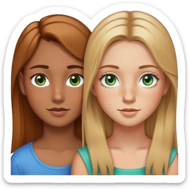 Two bestfriends one she is White whit green/blue eyes and hair hair ist a light brown blonde and the other one she is Latin has brown hair and brown eyes and has a signal in her left cheek and  litle freckles  sticker