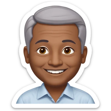 50 yr old indian man, dark skin, grey hair, big smile, white teeth, chubby, no moustache, clean shaven, young style hair, hair brushed back, 5 oclock shadow, bindy, dress shirt, forehead dot, chubby, religious sticker