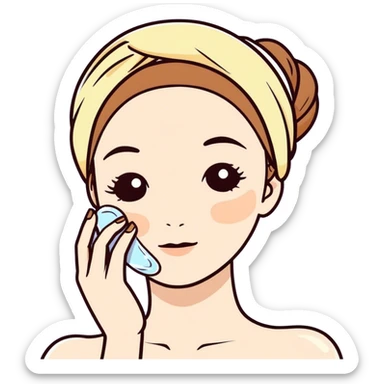 Pale skin with brown hair with spa head band putting lotion on her face sticker
