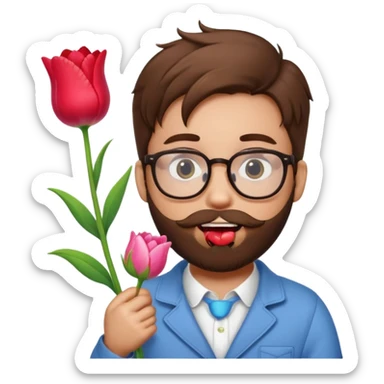 Brown hair guy and a heart shaped eyes with his tongue out with a beard and glasses with a hello kitty and a tulip in his hand   sticker