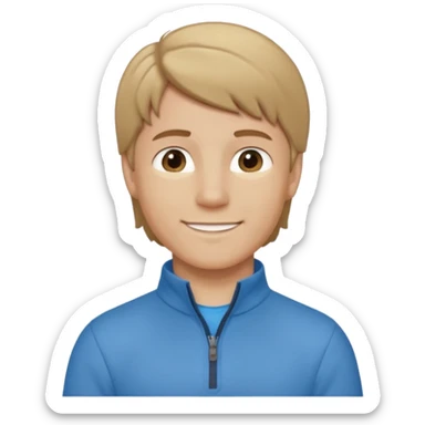 boy with dark blonde hair in a mullet with a neat blue undershirt and brown quarter zip sticker