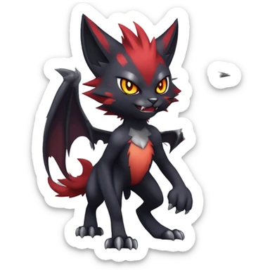   cool edgy beautiful fantasy anime-style dark animal vampiric Litten-Zoroark-cat-hybrid Fakemon with big fangs and bat-ears full body sticker