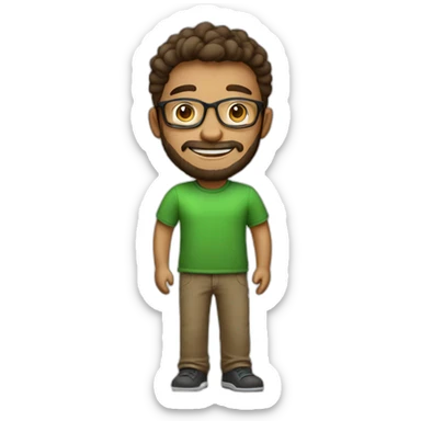 A 25 years old character that started a start-up company. He is joyful, with a small beard, trustworthy, smart, loving, with glasses, wearing a green t-shirt and brown pants. sticker