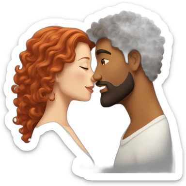 Brown man with a smooth hair cut fade and a beard kissing a White woman with long red curly hair sticker