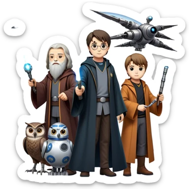 Icon for Fantasy and Sci-Fi Movies: Collage featuring Harry Potter with his wand, Dumbledore, Luke Skywalker with a lightsaber, and futuristic robots. Background with a magical planet, Hogwarts, flying owls, and spaceships. Epic and magical atmosphere. Transparent background. sticker