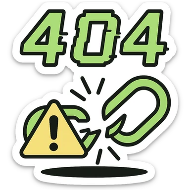 Edit the 404 icon in neon green and black in color outline icon style. Add a broken link symbol. Add a warning triangle. Make the numbers more glitchy. Add a shadow effect. sticker