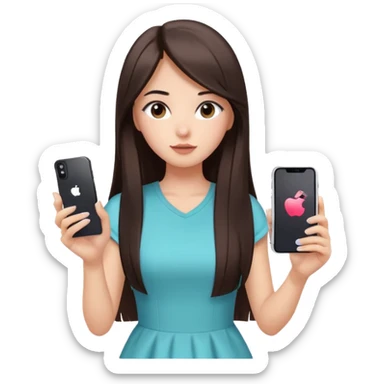 woman with long straight dark brown black hair holding an iPhone recording a TikTok video facing camera focused expression casual dress well lit indoor sticker