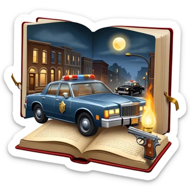 Icon for Action & Crime Reading: an open book with dramatic crime scenes—bullet holes on pages, a detective badge, a revolver and a getaway car. Surrounding elements include a flickering streetlight. Transparent background. sticker