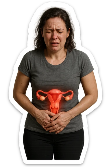donna a figura intera con utero umano realistico in 3d in evidenza dolorante, espressione di dolore in volto, sfondo bianco, non farla computerizzata, ma iperrealistica 4k sticker