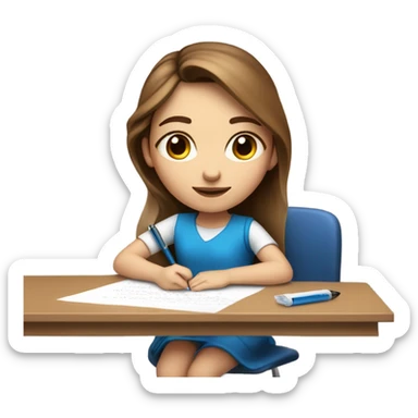White Smart brown hair girl with blue eyes and light skin on a desk writing on a piece of paper  sticker