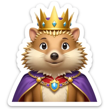 king hedgehog portrait, head and shoulders only, wearing a small golden crown, royal cape collar, proud confident expression, cute spiky fur details, fantasy royal vibe, 3D cartoon, mobile game icon style, clean background, no text, no watermark
 sticker