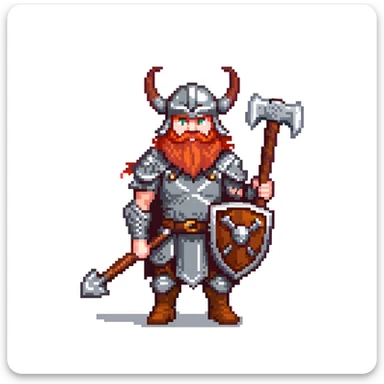 ginger viking warrior with red beard, horned helmet and metal armor, battle axe sticker