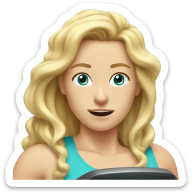 White woman, long hair, blonde hair, wavy hair, treadmill, sweating sticker