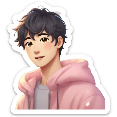 Gorgeous bright sparkly romantic Asian anime pastel guy with blushing face aesthetic trending style outside sticker