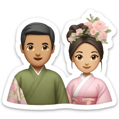 asian couple - man with center split slightly wavy hair wearing plain kimono with olive green inside and brown outside, woman with a low bun and flowers in her hair wearing light pink kimono with pastel florals of different colors sticker