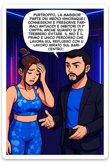 TRASFORMA QUESTO CAROSELLO IN UN FUMETTO STILE WEBTOON/MANGA A COLORI CON QUESTE DUE PERSONE IDENTICHE CHE INTERLOQUISCONO TRA LORO, L'uomo sta spiegando alla donna questo concetto MENTRE LA DONNA SI TIENE la mano sulla fronte sconcertata:

LUI (UOMO): Purtroppo, la maggior parte dei medici ignora queste connessioni e prescrive farmaci antiacidi e inibitori di pompa, anche quando si potrebbero evitare.
Il mio è il primo e unico percorso che lavora sul reflusso con un lavoro mirato sul baricentro; sticker