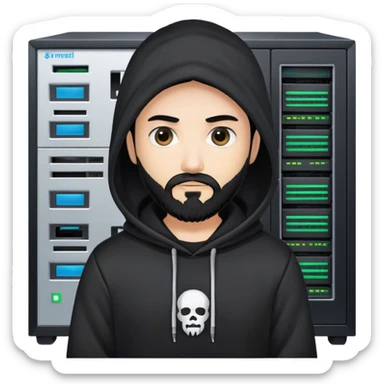 hackeur blanc cheveux noir barbe et capuche noir à côté d'un server ia sticker