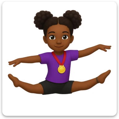 Edit the image of a girl in a gymnastics pose with light skin tone. Make her hair all dark brown, add a medal around her neck, and ensure she is wearing shorts and a t-shirt. Keep the gymnastics pose intact. sticker
