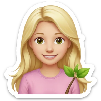 blonde with long hair and swamp-colored eyes, wearing a pastel pink shirt, smiling, iOS Apple emoji style sticker