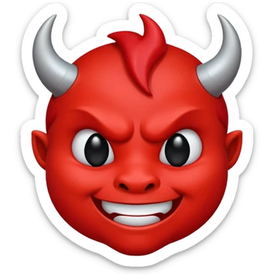 CARTOON STYLE EMOJI of a RED DEVIL FACE with small HORNS pointing up, BLACK EYES, and a MISCHIEVOUS SMILE. The entire face is RED with a smooth glossy texture. BACKGROUND is PURE WHITE, clean and simple. sticker