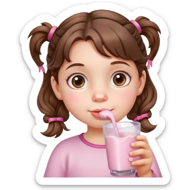 A little girl brown short wavy hair in pig tails with hazel eyes drinking pink milk sticker