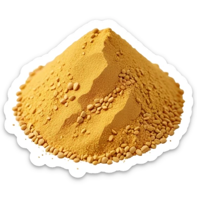 small mound or light scatter of fine golden-beige powder with slightly crystalline texture and dry matte finish, tiny uniform grains, neutral dissolvable ingredient, no spoon or packaging, soft lighting, subtle shadows, emoji scale sticker