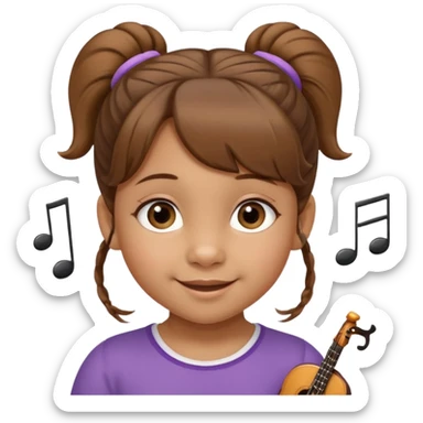 Niña de 4 años con ojos marrones claros, pelo castaño claro con dos moños altos y pelitos sueltos a modo de flequillo, nariz chata y risueña. Con nota musical sticker