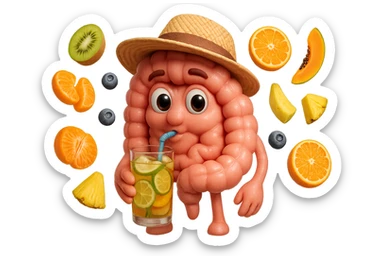 EMOJI STILE IPHONE DI INTESTINO UMANO REALISTICO CON CAPPELLO DI PAGLIA DA SPIAGGIA CHE BEVE UN Tè FREDDO IN BICCHIERE DI VETRO CON DENTRO  fette di cetriolo, limone, lime, DIETRO L'INTESTINO FLUTTUANO PEZZETTI DI Kiwi
Banana acerba
Arance e mandarini
Mirtilli
Ananas
Papaya
IPERREALISTICO 4K sticker