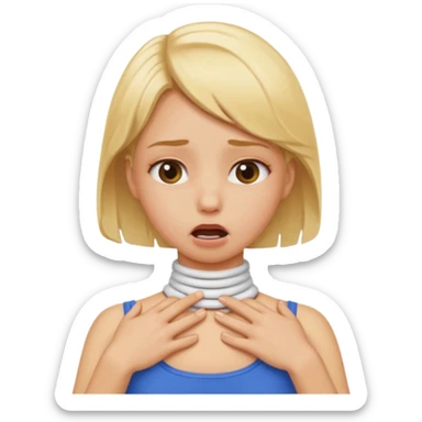 A blonde girl choking herself on the neck sticker