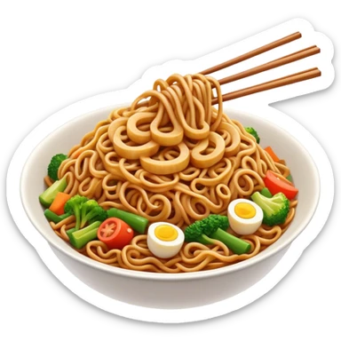 Cinematic Realistic Mie Goreng Dish Emoji, featuring stir‚Äêfried noodles with vegetables and meat rendered with dynamic textures and warm, appetizing lighting. sticker