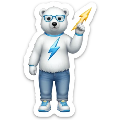 friendly anthropomorphised polar bear standing upright, looking chilled and unbothered, wearing a shirt, jeans, trainers, and lightning bolt-shaped colorful glasses sticker