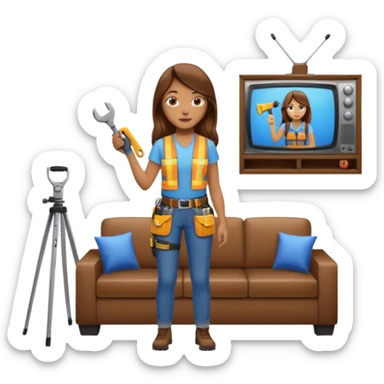 beautiful girl with long brown hair constructing new lounge room area with tv and couch sticker