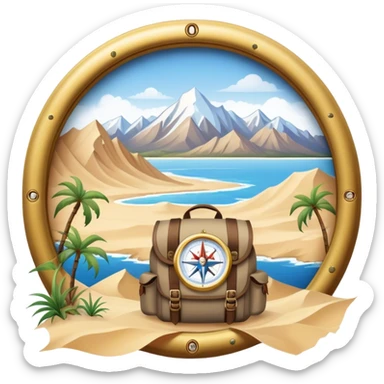 Icon for Expeditions: a compass, a map, a backpack and a rugged expedition jeep, set against a backdrop of snowy mountains, sand dunes and tropical islands. The icon should capture the spirit of adventure and exploration in diverse landscapes. Transparent background. sticker
