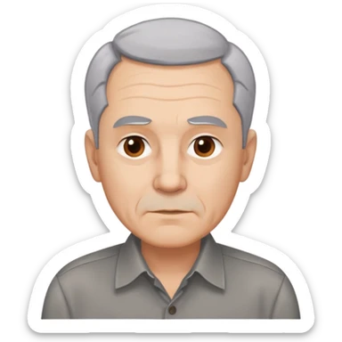 Close-up portrait of René Monclova. Light-skinned older man with round face and broad jaw. Short silver-gray hair with visible receding hairline. Warm brown eyes, thick eyebrows. Neutral expression. Wearing a dark button-up shirt. sticker