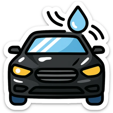 full high-end vehicle icon with glossy black mirror-like paint, strong mirror-like reflections and shine on the surface, water droplet sliding on the hood or roof, subtle repellent effect with water lines moving away, modern and clean style sticker