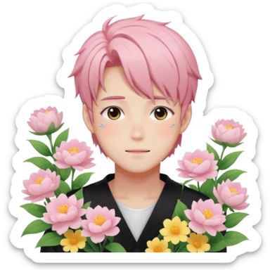 Gorgeous pastel anime style shojo guy with blushing face and flowers aesthetic trending style outside sticker
