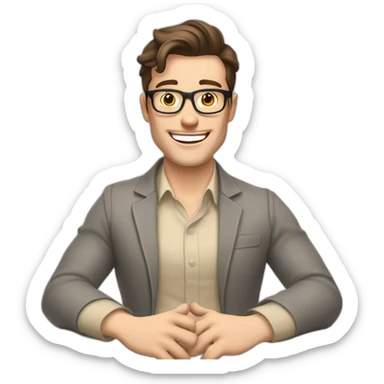 Joyful Celebrating victory Hands up Pale skinned Fit Man With dark brown hair in gray jacket, beige office shirt, Brown pants and vintage glasses sitting In a soft chair sticker