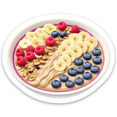 smoothie bowl with bananas, raspberries, blueberries, granola and peanut butter sticker